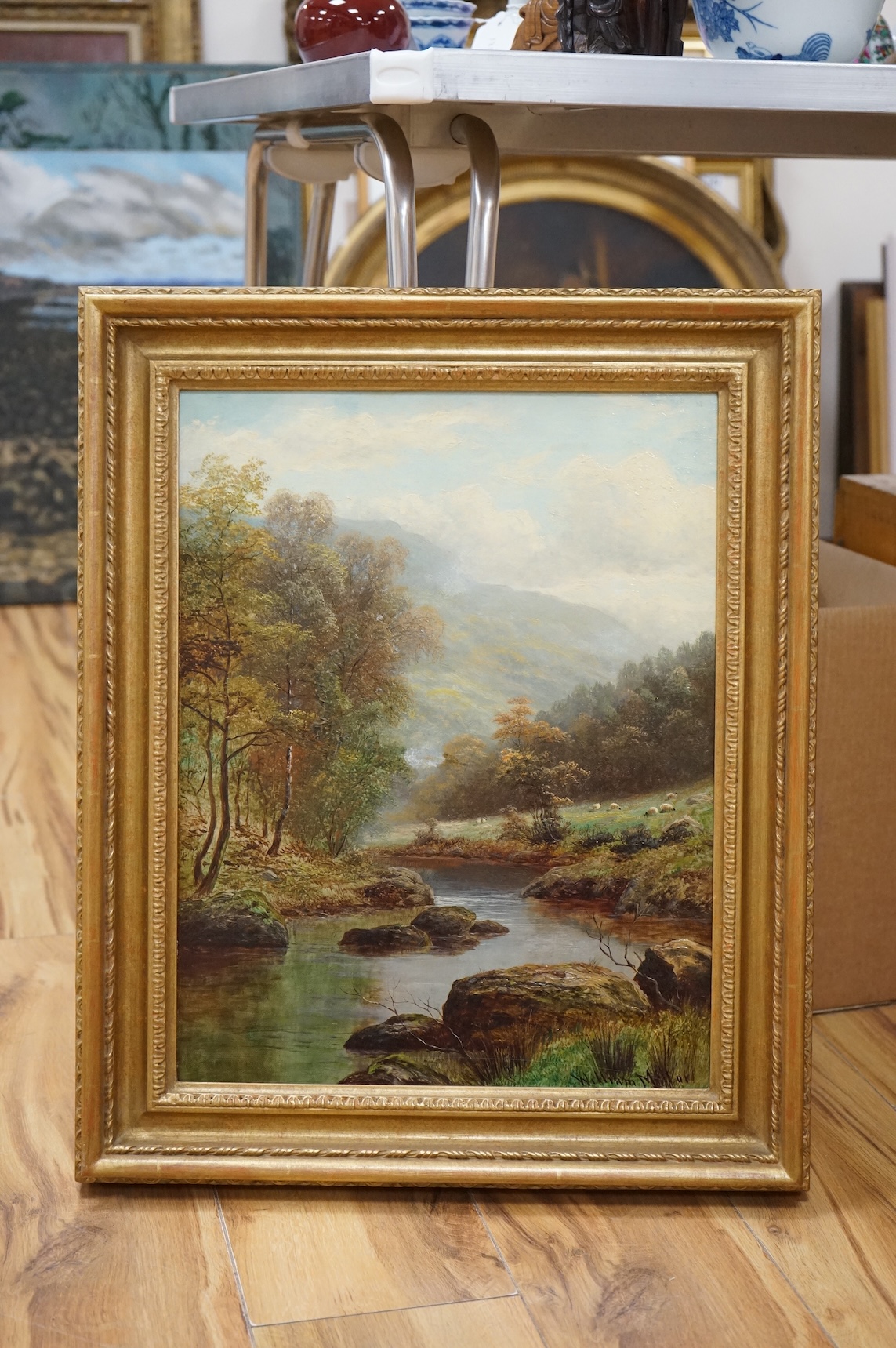 William Mellor (1851-1931), 'On The Dove, Dovedale, Derbyshire', signed, Eastbourne Fine Art label verso, oil on canvas, 44 x 34cm